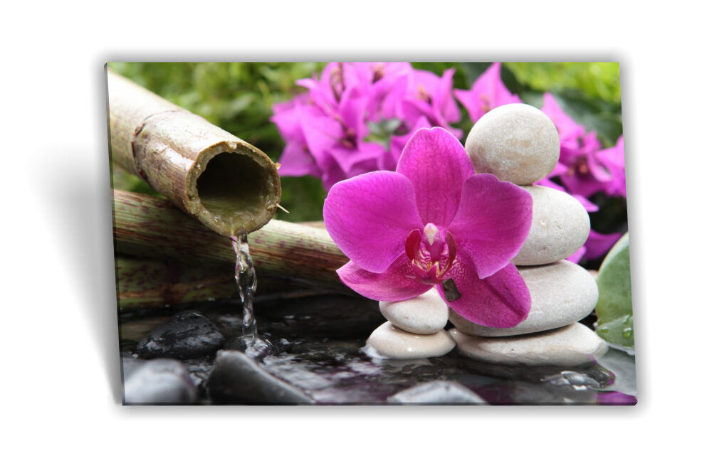 Leinwand-Bild Keilrahmen-Bild SPA Medianlux-Shop Schwarz Wasser Poster Steine Weiß – Pink Wellness Orchidee Bambusrohr Grün