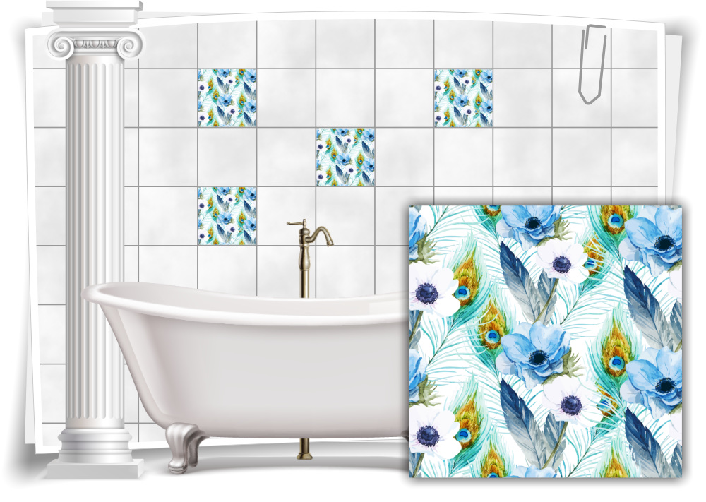 Fliesen-Aufkleber Fliesen-Bild Mosaik Kachel Struktur Blumen Pfau Federn Blau WC