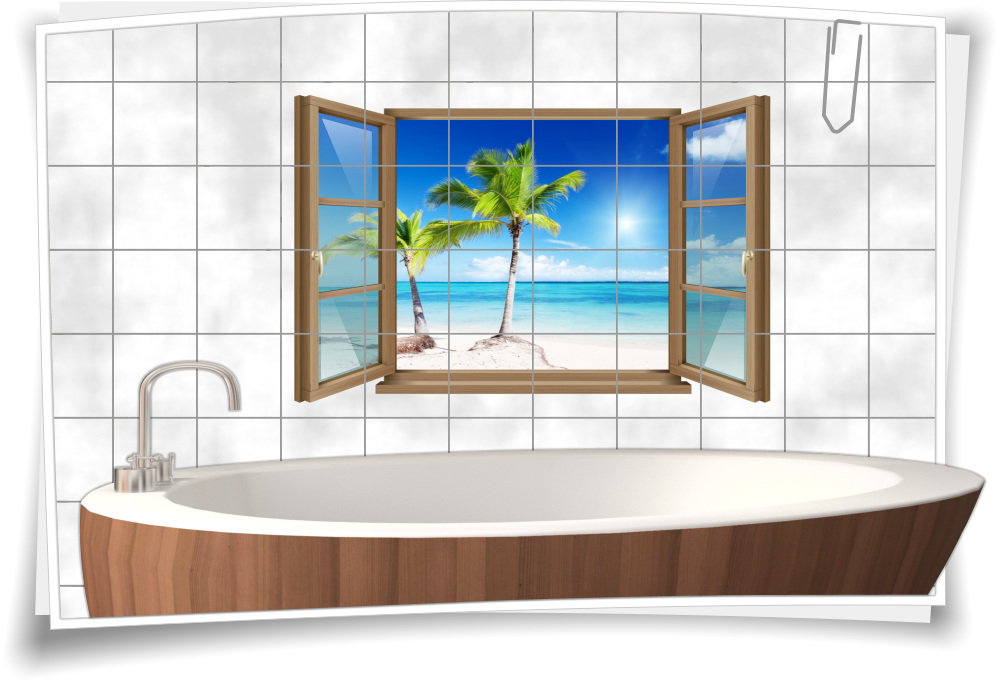 Wand-Tattoo Wand-Bild Fenster Palmen Strand Sand Meer Insel Urlaub Wolken Folie